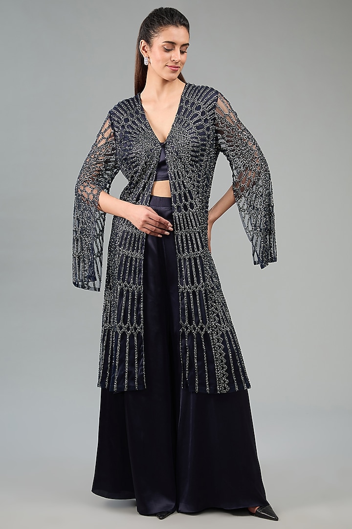 Navy Blue Tulle Hand & Machine Embroidered Cape Set by Rohit Gandhi & Rahul Khanna