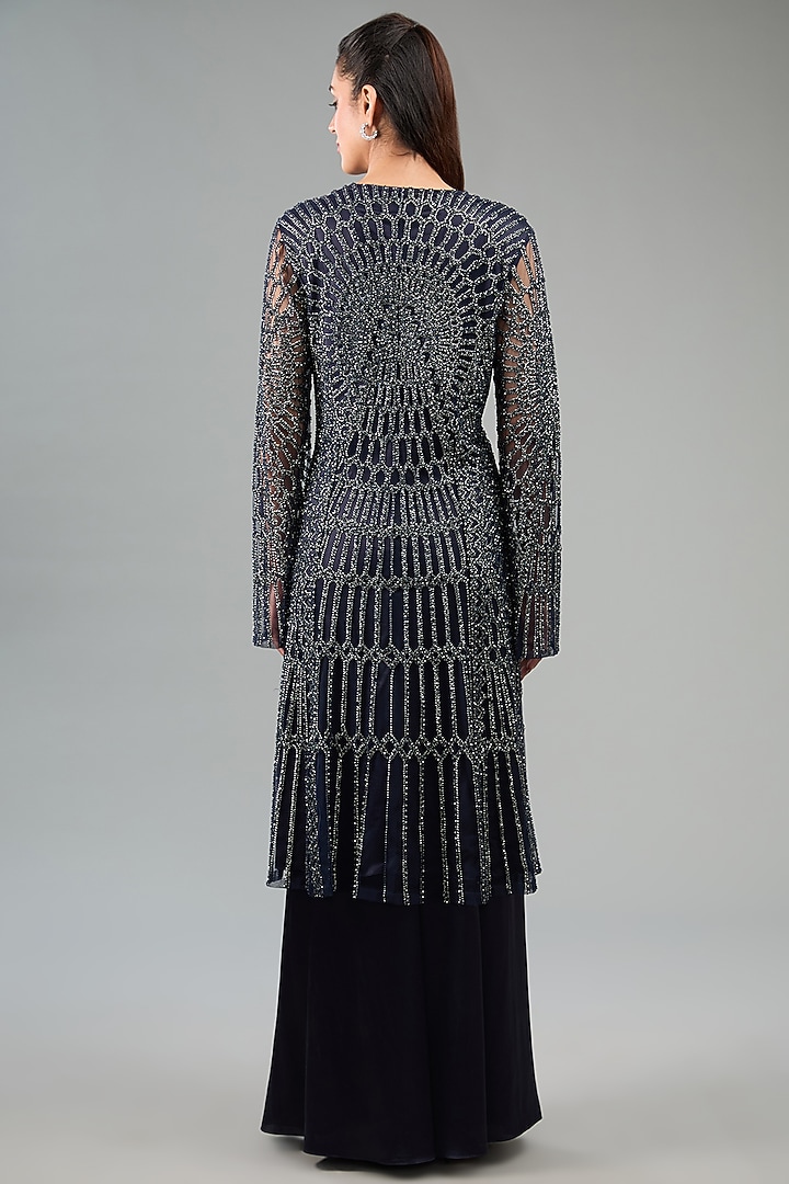 Navy Blue Tulle Hand & Machine Embroidered Cape Set by Rohit Gandhi & Rahul Khanna at Pernia's Pop Up Shop