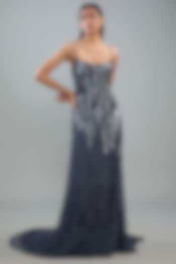 Slate Blue Silk Tulle Metallic Sequins Embroidered Gown by Rohit Gandhi & Rahul Khanna