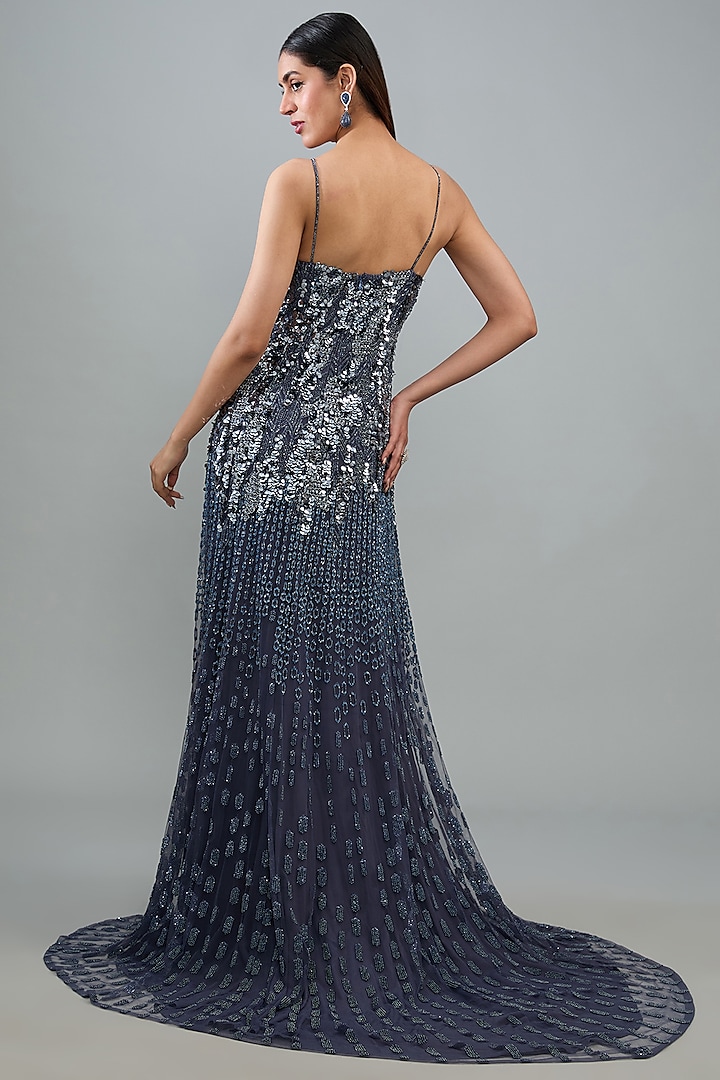 Slate Blue Silk Tulle Metallic Sequins Embroidered Bridal Gown by Rohit Gandhi & Rahul Khanna at Pernia's Pop Up Shop