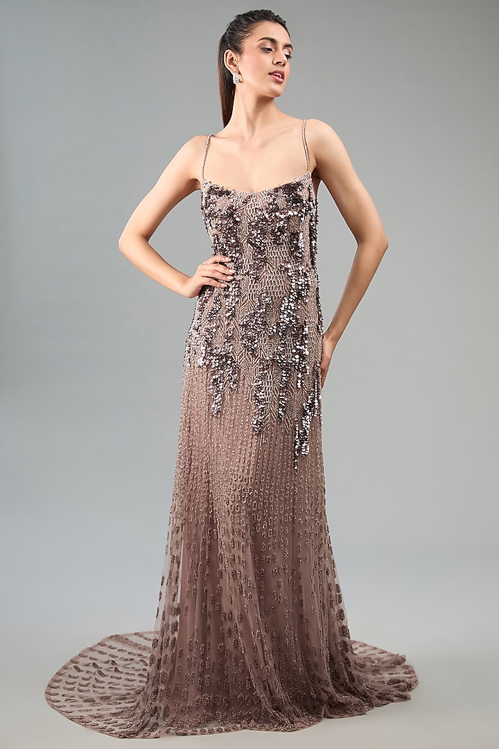 Copper Silk Tulle Metallic Sequins Embroidered Gown by Rohit Gandhi & Rahul Khanna