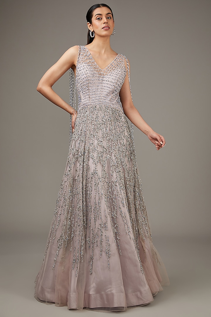 Sandstone Tulle Sequins & Crystal  Embroidered Corset Ball Gown by Rohit Gandhi & Rahul Khanna