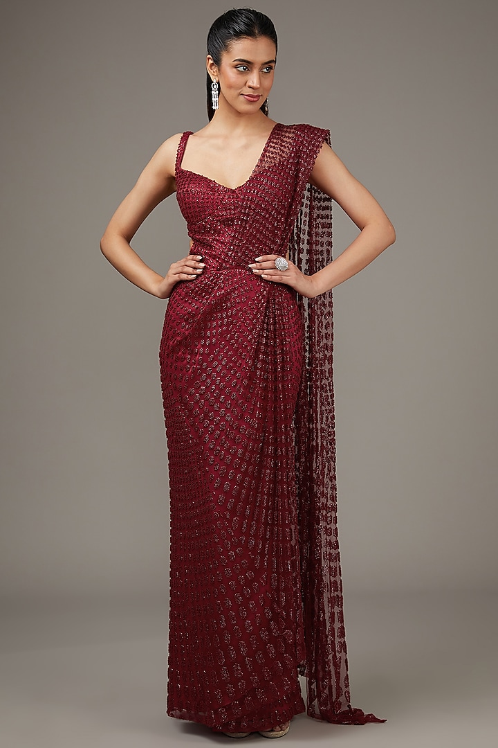 Barn Red Tulle Tonal & Sequins Embroidered Gown Saree Set by Rohit Gandhi & Rahul Khanna