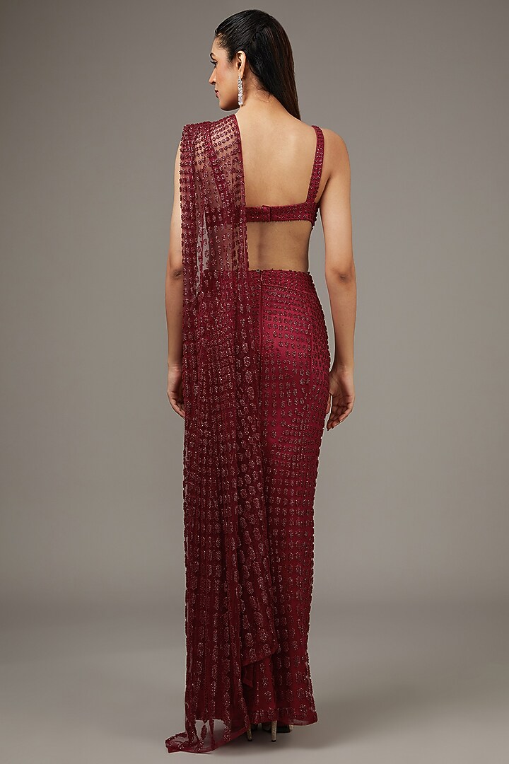 Barn Red Tulle Tonal & Sequins Embroidered Bridal Gown Saree Set by Rohit Gandhi & Rahul Khanna at Pernia's Pop Up Shop