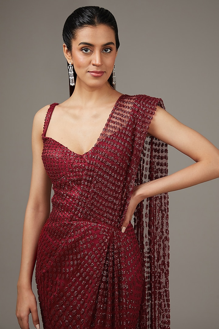 Barn Red Tulle Tonal & Sequins Embroidered Bridal Gown Saree Set by Rohit Gandhi & Rahul Khanna at Pernia's Pop Up Shop
