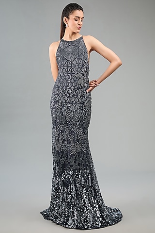 Dark Grey Silk Tulle Metallic Sequins Embroidered Gown by Rohit Gandhi & Rahul Khanna