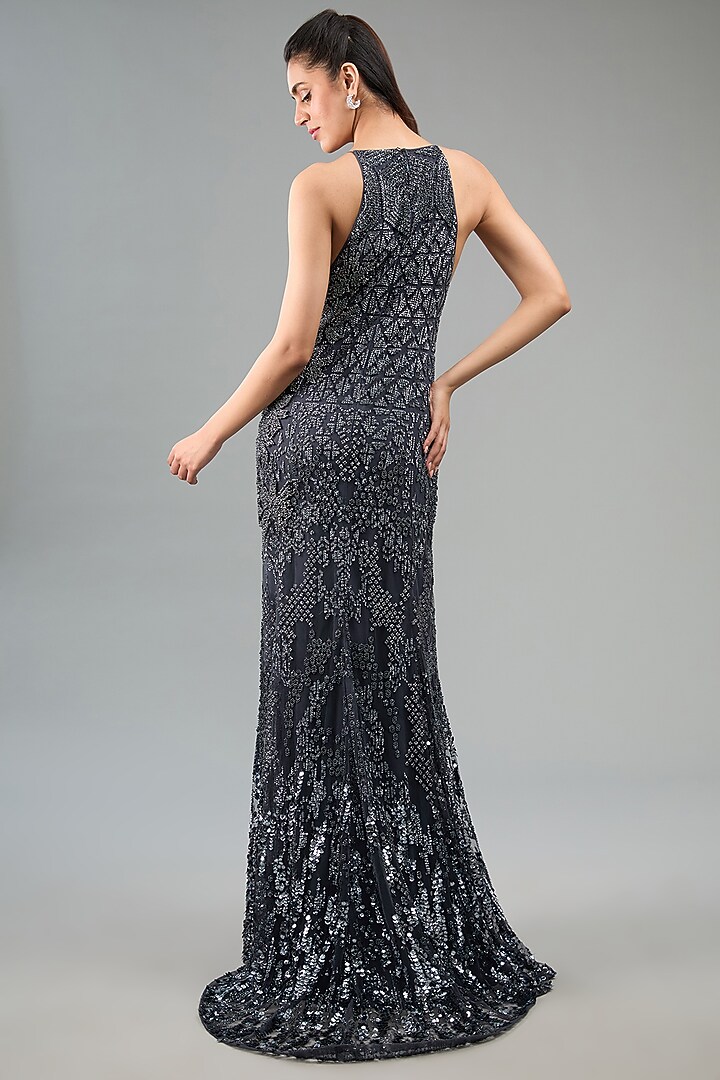 Dark Grey Silk Tulle Metallic Sequins Embroidered Bridal Gown by Rohit Gandhi & Rahul Khanna at Pernia's Pop Up Shop