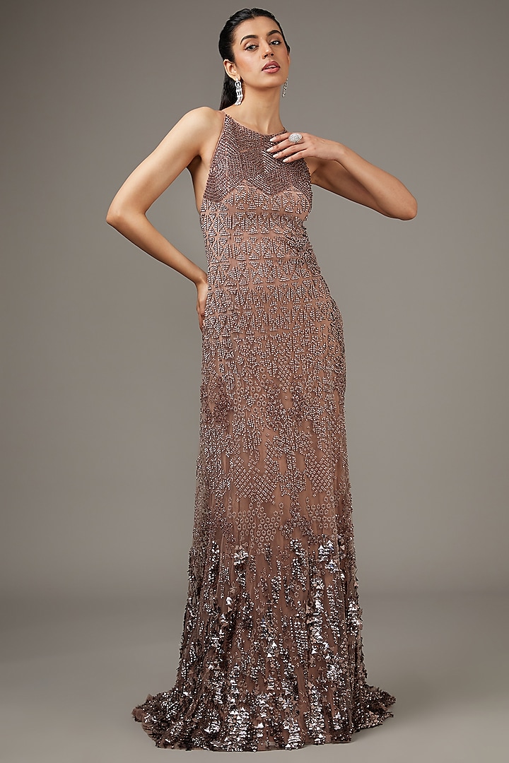 Copper Tulle Stone Embroidered Gown by Rohit Gandhi & Rahul Khanna