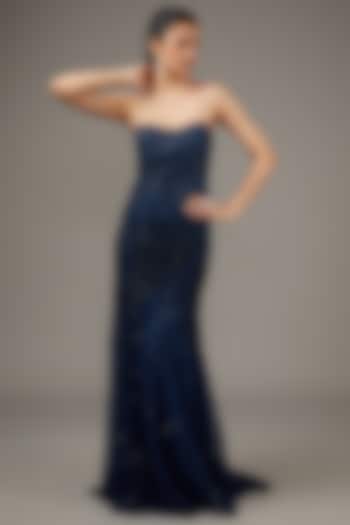 Navy Blue Tulle Crystal Embroidered Gown by Rohit Gandhi & Rahul Khanna