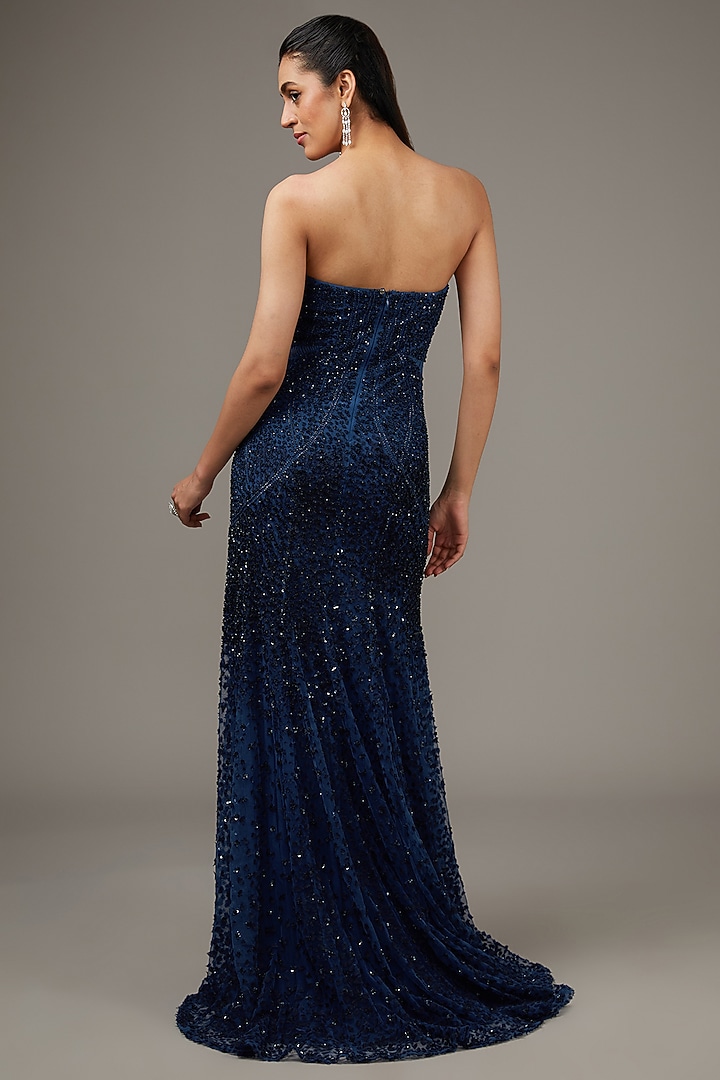 Navy Blue Tulle Crystal Embroidered Bridal Gown by Rohit Gandhi & Rahul Khanna at Pernia's Pop Up Shop
