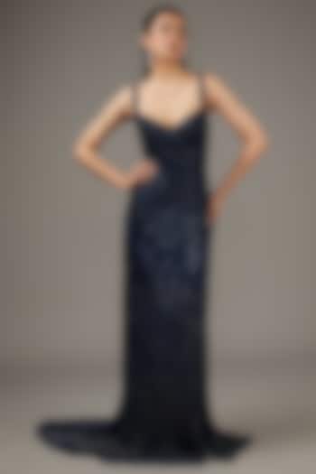 Pacific Blue Tulle Crystal & Sequins Embroidered Sculpted Gown by Rohit Gandhi & Rahul Khanna