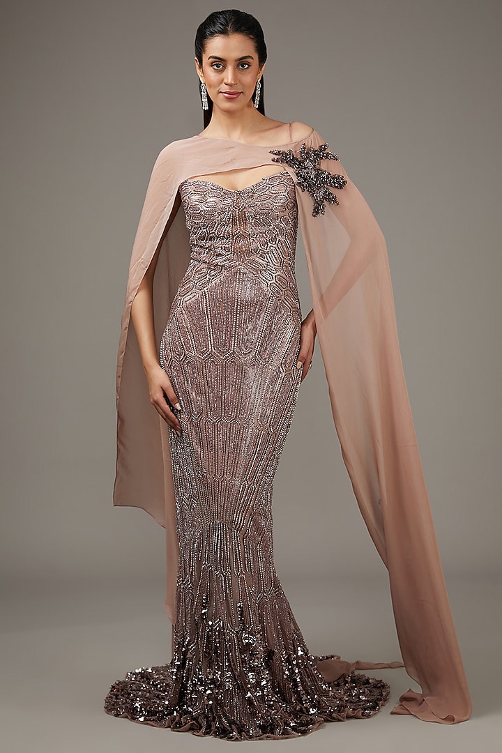 Copper Tulle Sequins Embroidered Gown With Cape by Rohit Gandhi & Rahul Khanna