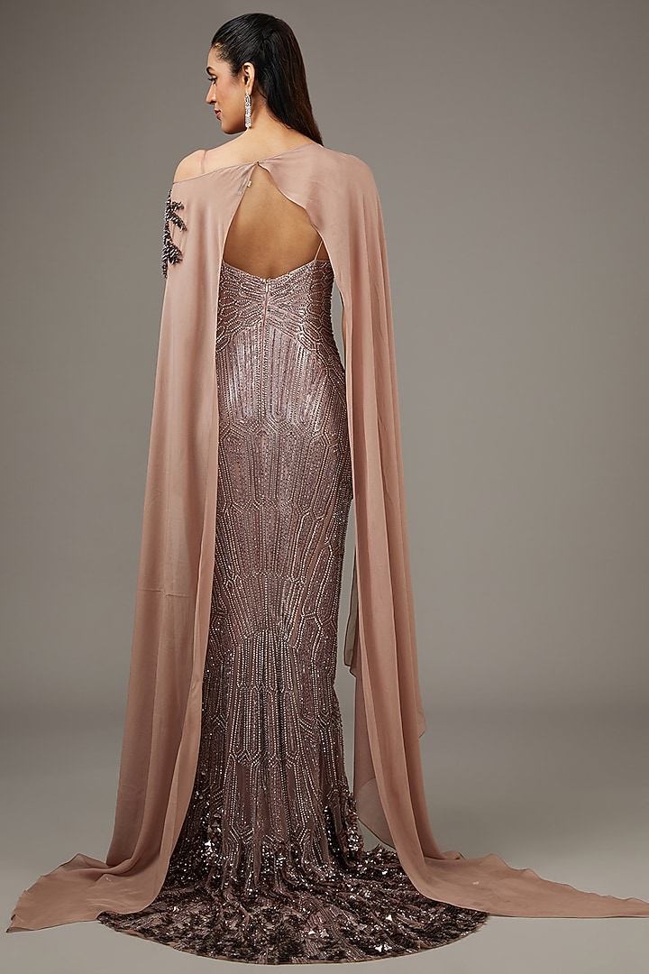 Copper Tulle Sequins Embroidered Bridal Gown With Cape by Rohit Gandhi & Rahul Khanna at Pernia's Pop Up Shop