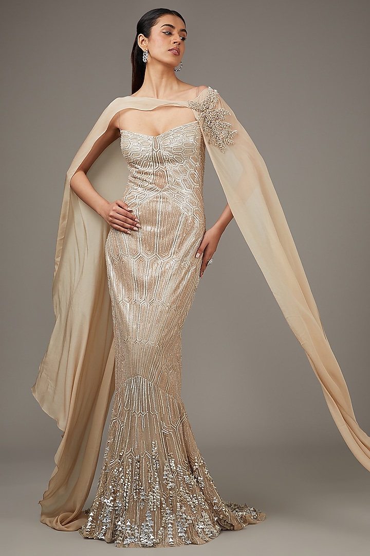 Gold Tulle Sequins Embroidered Gown With Jacket by Rohit Gandhi & Rahul Khanna