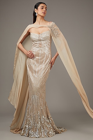 Gold Tulle Sequins Embroidered Gown With Jacket by Rohit Gandhi & Rahul Khanna