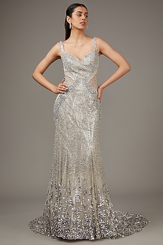 Silver Tulle Glass Bead Embroidered Gown by Rohit Gandhi & Rahul Khanna