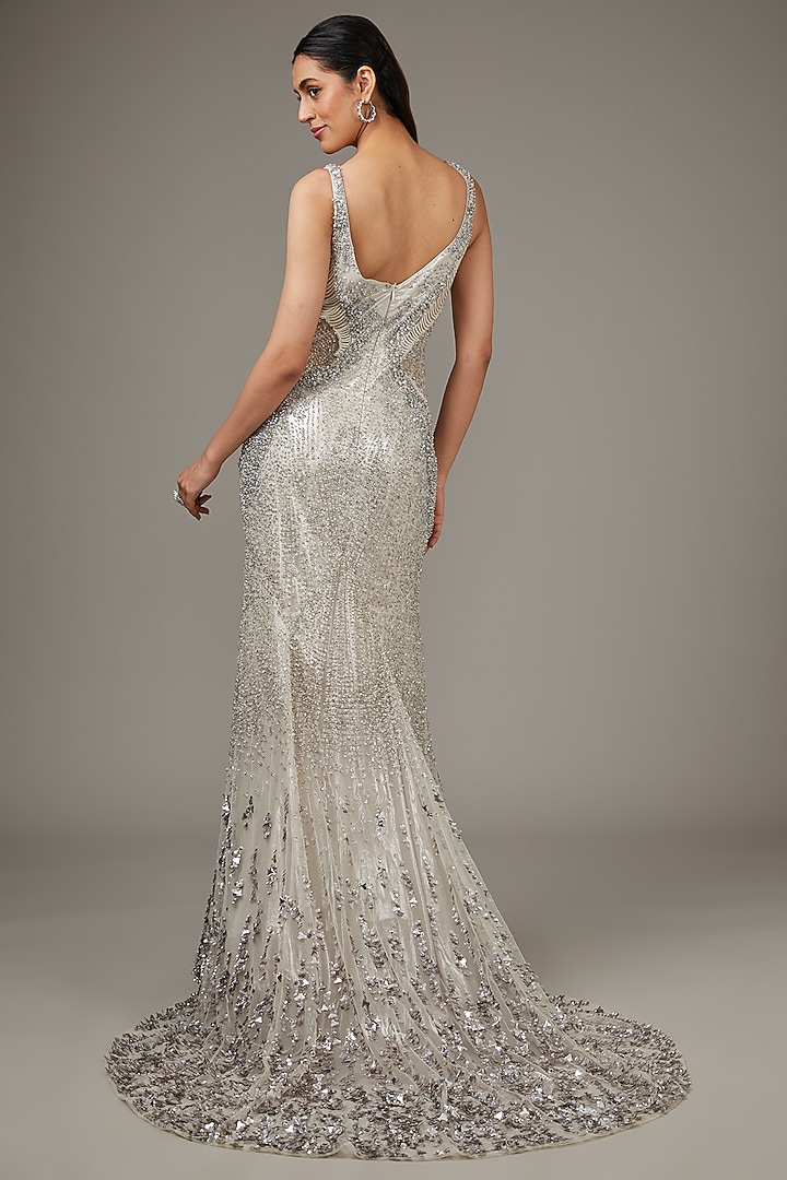 Silver Tulle Glass Bead Embroidered Bridal Gown by Rohit Gandhi & Rahul Khanna at Pernia's Pop Up Shop
