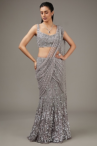 Rose Steel Tulle Crystal & Sequins Embroidered Lehenga Saree Set by Rohit Gandhi & Rahul Khanna