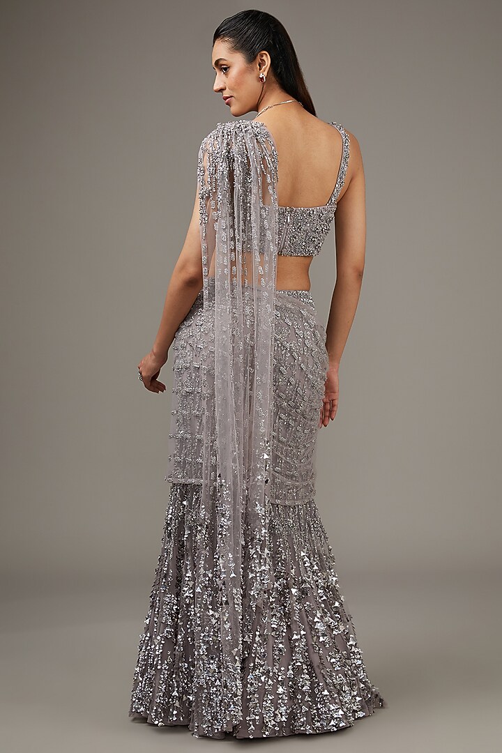 Rose Steel Tulle Crystal & Sequins Embroidered Bridal Lehenga Saree Set by Rohit Gandhi & Rahul Khanna at Pernia's Pop Up Shop