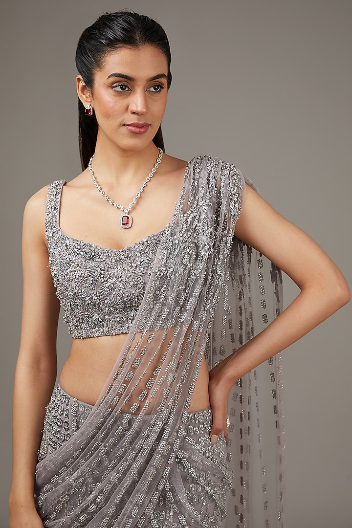 Rose Steel Tulle Crystal & Sequins Embroidered Bridal Lehenga Saree Set by Rohit Gandhi & Rahul Khanna at Pernia's Pop Up Shop