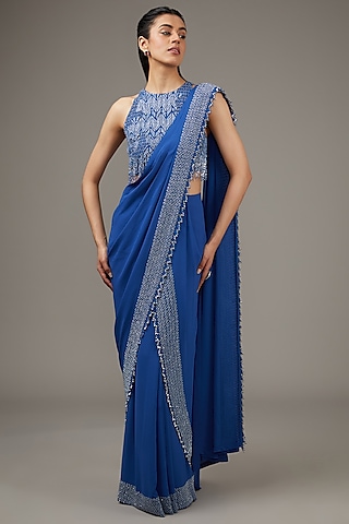 Blue Tulle Cut Beads Embroidered Skirt Saree Set by Rohit Gandhi & Rahul Khanna