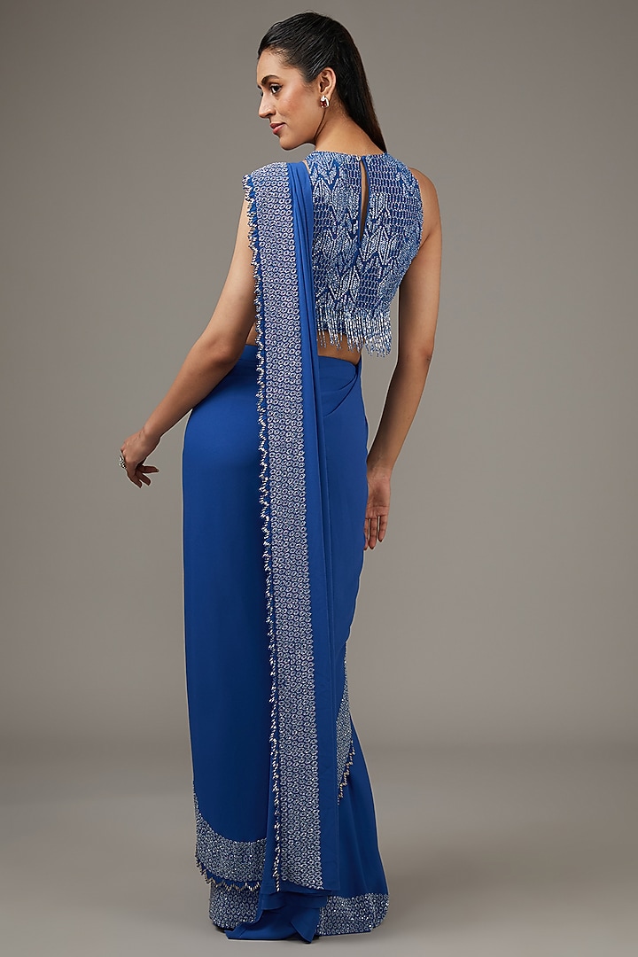 Blue Tulle Cut Beads Embroidered Skirt Bridal Saree Set by Rohit Gandhi & Rahul Khanna at Pernia's Pop Up Shop