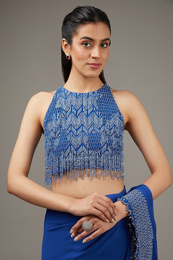 Blue Tulle Cut Beads Embroidered Skirt Bridal Saree Set by Rohit Gandhi & Rahul Khanna at Pernia's Pop Up Shop