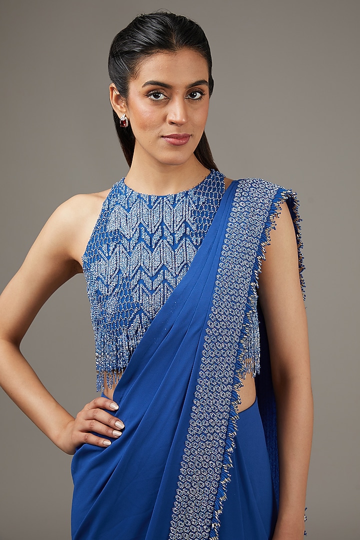 Blue Tulle Cut Beads Embroidered Skirt Bridal Saree Set by Rohit Gandhi & Rahul Khanna at Pernia's Pop Up Shop