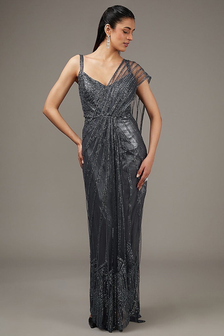 Steel Grey Tulle Sequins Embroidered Gown Saree Set by Rohit Gandhi & Rahul Khanna