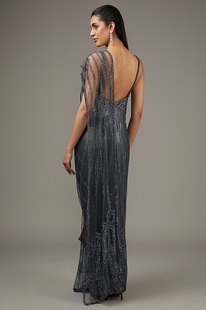 Steel Grey Tulle Sequins Embroidered Bridal Gown Saree Set by Rohit Gandhi & Rahul Khanna at Pernia's Pop Up Shop