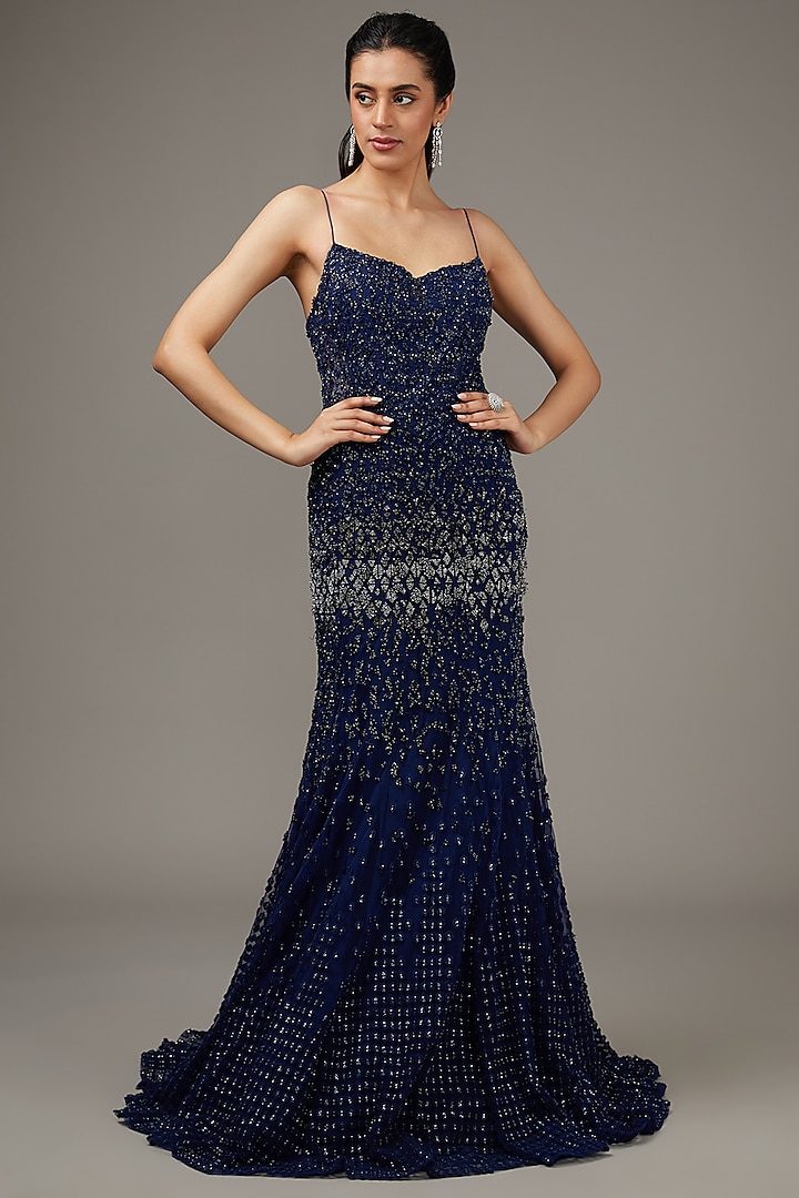 Pacific Blue Tulle Crystal Embroidered Gown by Rohit Gandhi & Rahul Khanna