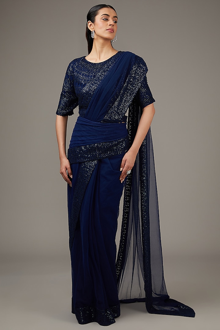 Pacific Blue Georgette Crystal & Sequins Embroidered Saree Set by Rohit Gandhi & Rahul Khanna