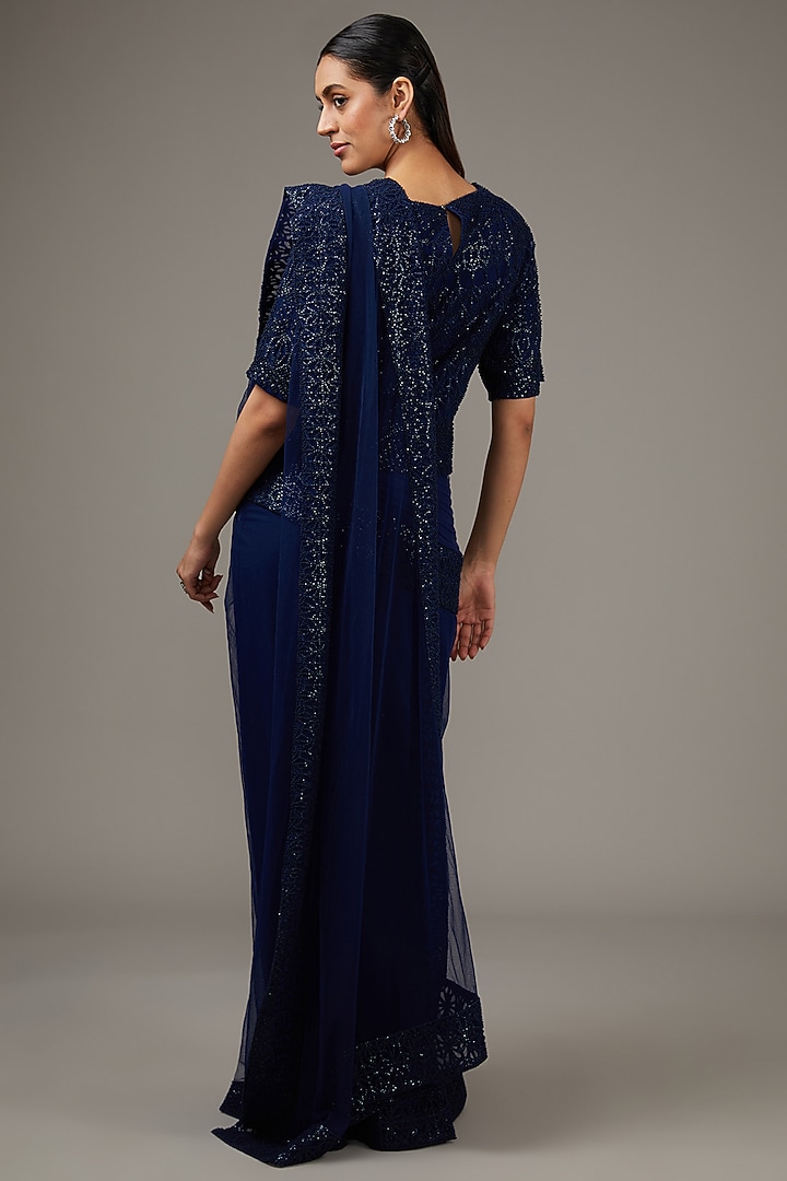 Pacific Blue Georgette Crystal & Sequins Embroidered Bridal Saree Set by Rohit Gandhi & Rahul Khanna at Pernia's Pop Up Shop