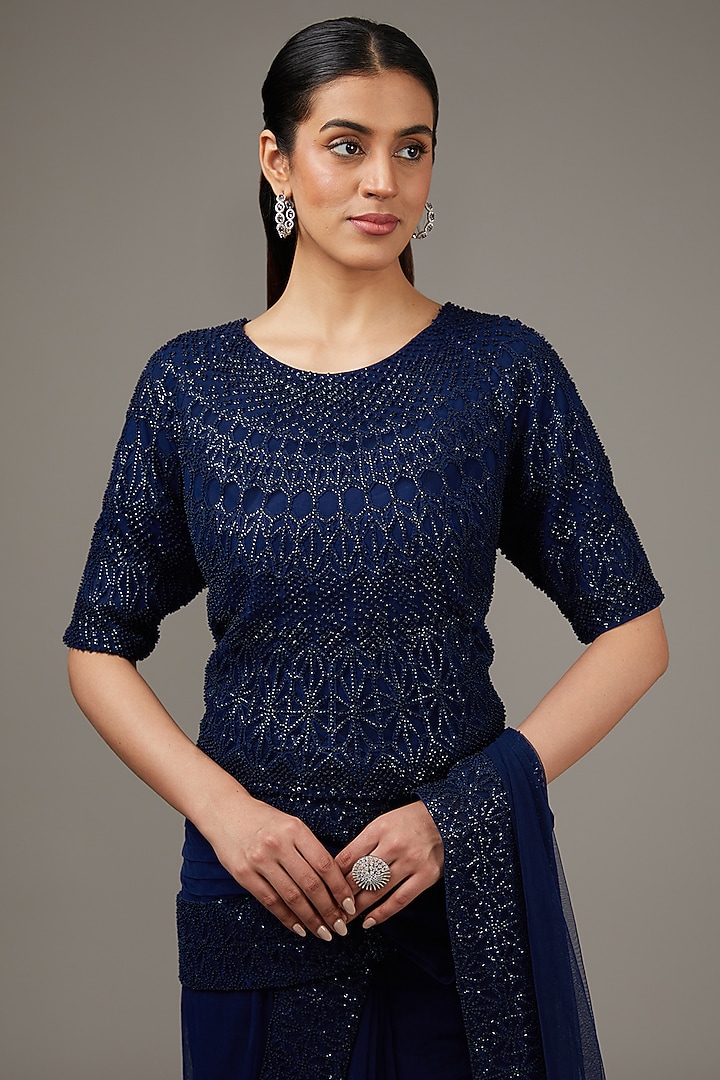 Pacific Blue Georgette Crystal & Sequins Embroidered Bridal Saree Set by Rohit Gandhi & Rahul Khanna at Pernia's Pop Up Shop