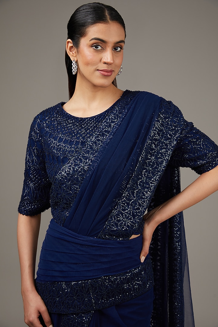 Pacific Blue Georgette Crystal & Sequins Embroidered Bridal Saree Set by Rohit Gandhi & Rahul Khanna at Pernia's Pop Up Shop
