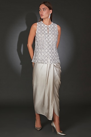 Silver Tulle Embellished Jacket Set by Rohit Gandhi & Rahul Khanna