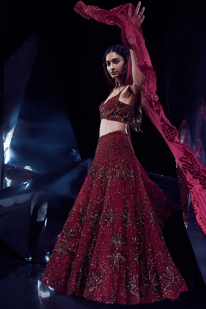 French Red Tulle Sequins & Crystal Bead Embellished Bridal Lehenga Set by Rohit Gandhi & Rahul Khanna at Pernia's Pop Up Shop