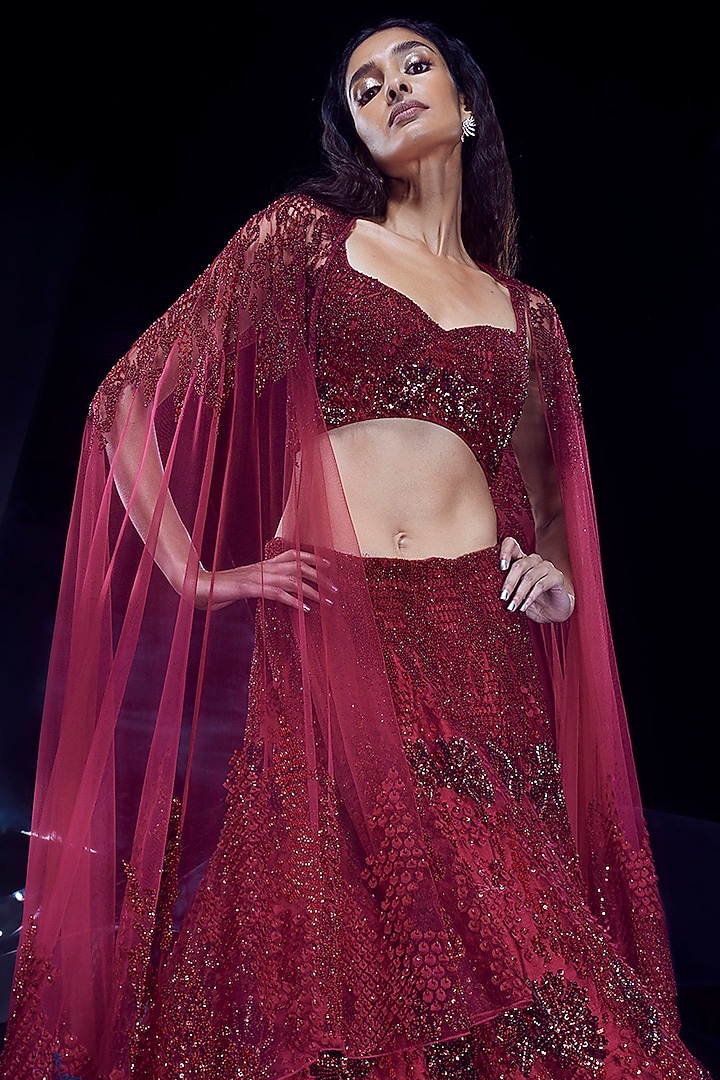 French Red Tulle Sequins & Crystal Bead Embellished Bridal Lehenga Set by Rohit Gandhi & Rahul Khanna at Pernia's Pop Up Shop