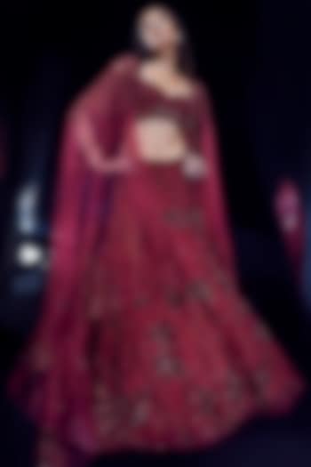 French Red Tulle Sequins & Crystal Bead Embellished Bridal Lehenga Set by Rohit Gandhi & Rahul Khanna at Pernia's Pop Up Shop