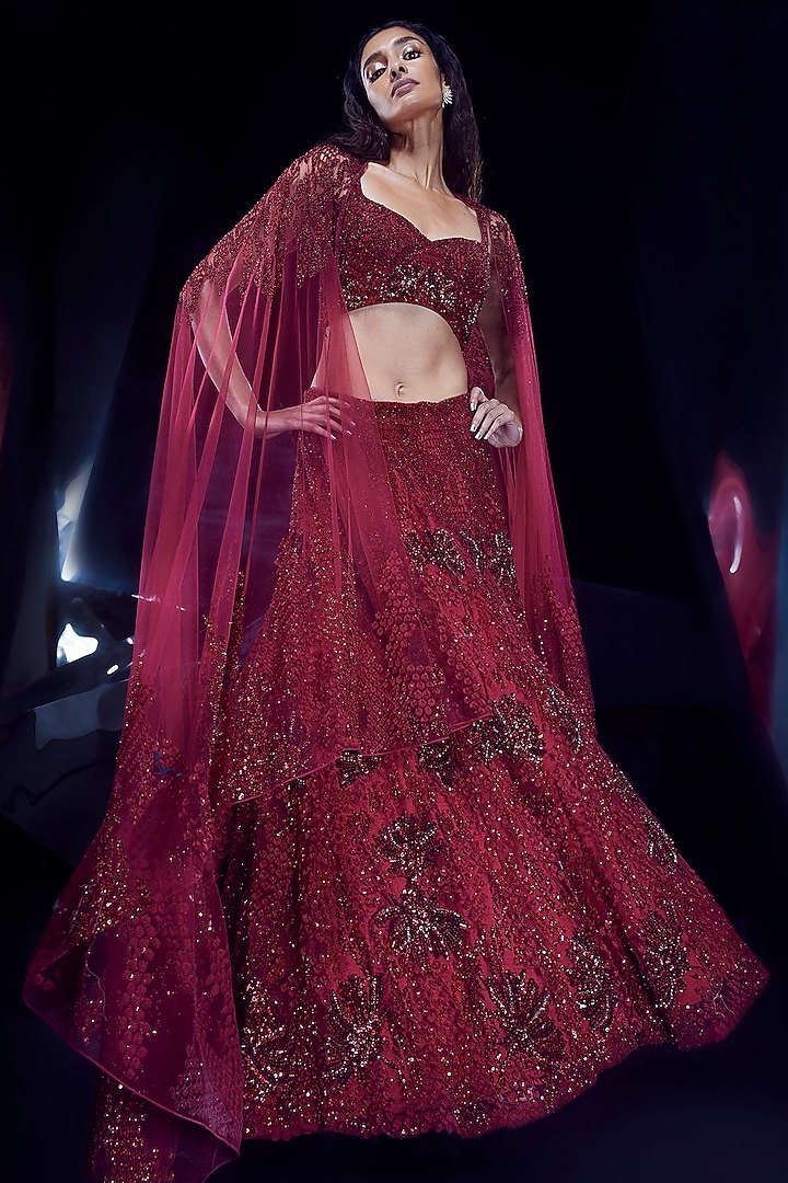 French Red Tulle Sequins & Crystal Bead Embellished Bridal Lehenga Set by Rohit Gandhi & Rahul Khanna at Pernia's Pop Up Shop