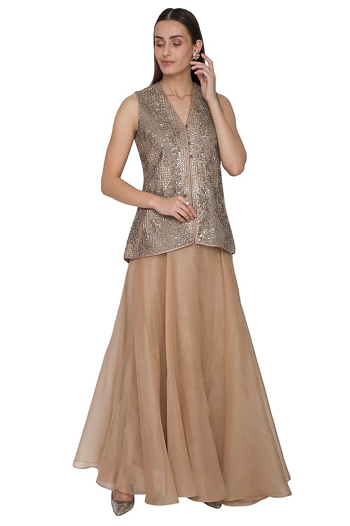 Muted Golden Embroidered Jacket With Flared Skirt by Rohit Gandhi & Rahul Khanna