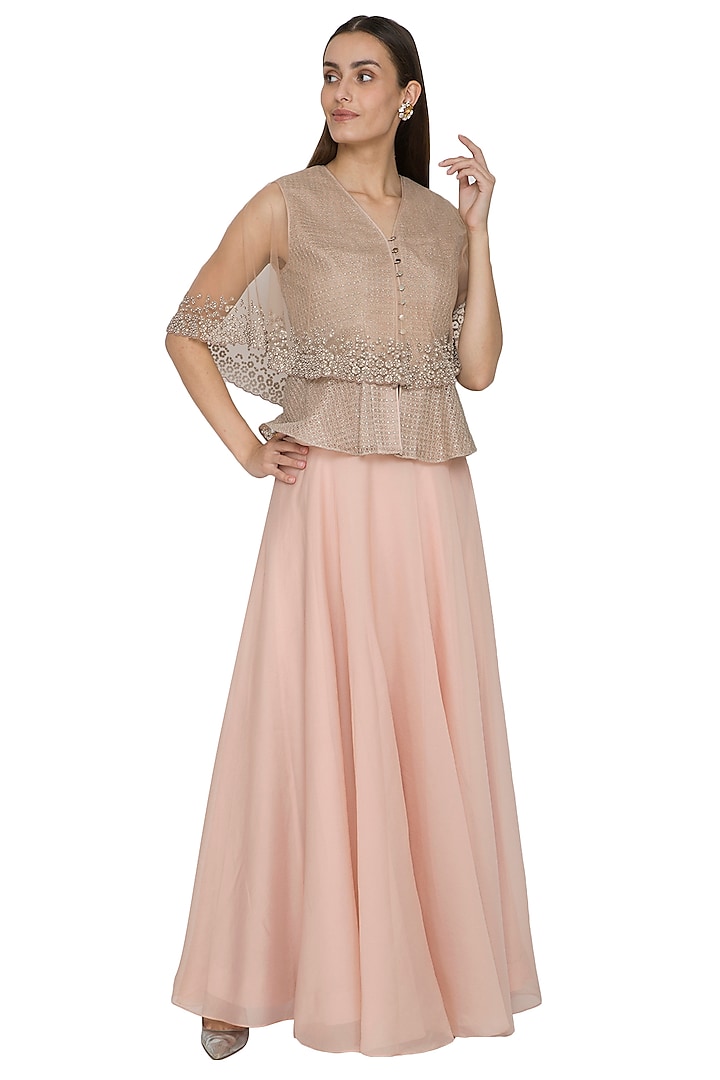 Frosty Pink Embroidered Peplum Top With Flared Skirt by Rohit Gandhi & Rahul Khanna