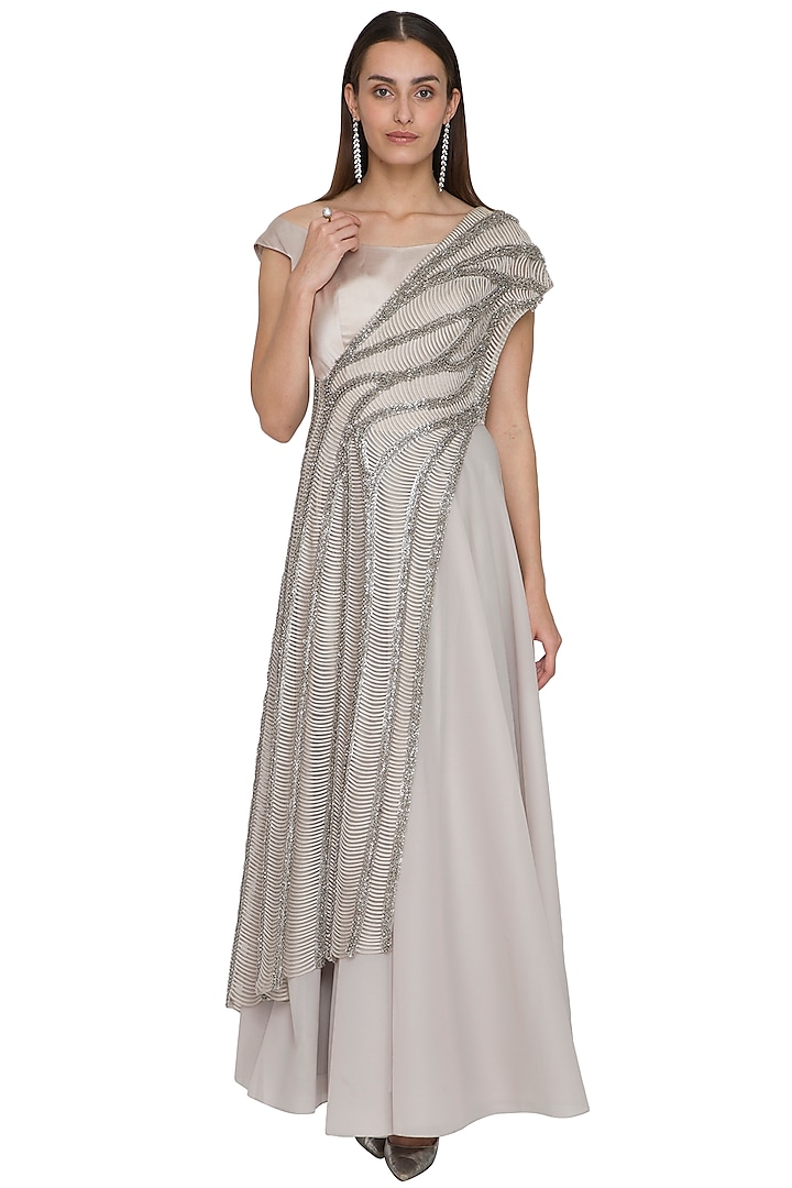 Orbit Silver Gown With Embellished Cape by Rohit Gandhi & Rahul Khanna
