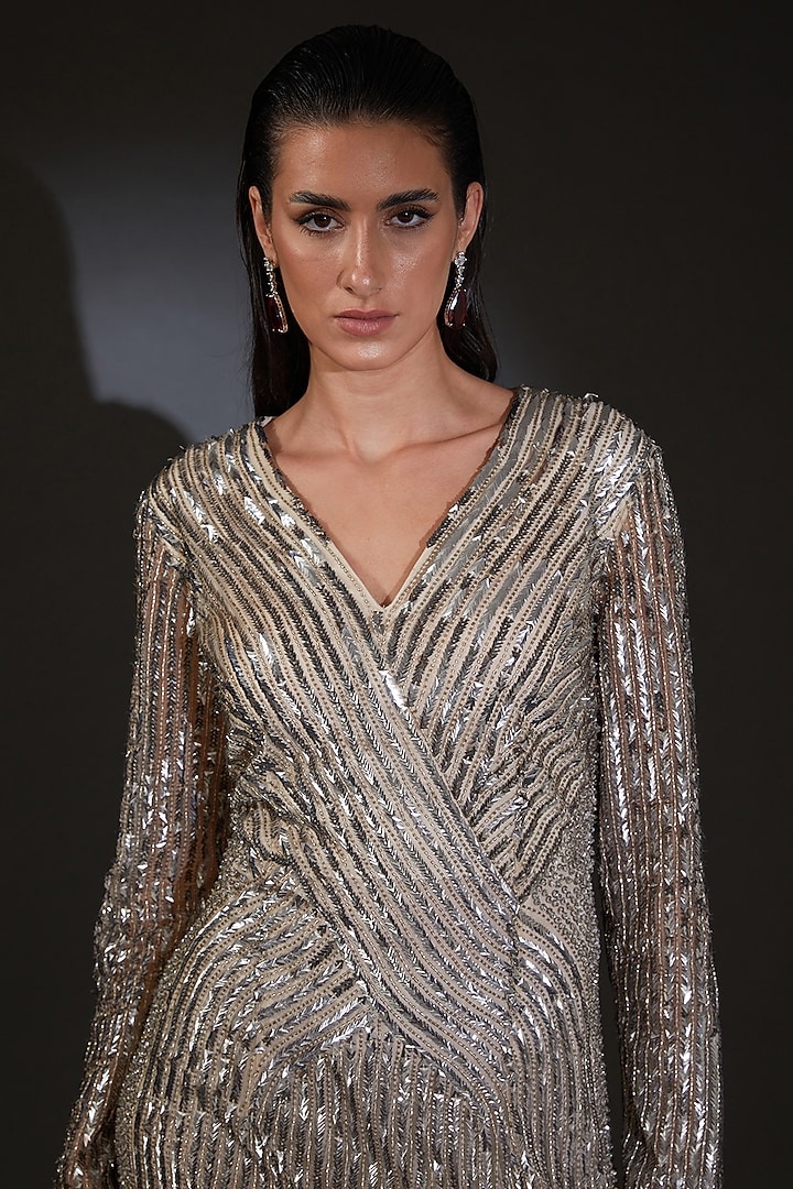 Grey Gunmetal Tulle Metallic Sequins Embroidered Wedding Gown by Rohit Gandhi & Rahul Khanna at Pernia's Pop Up Shop