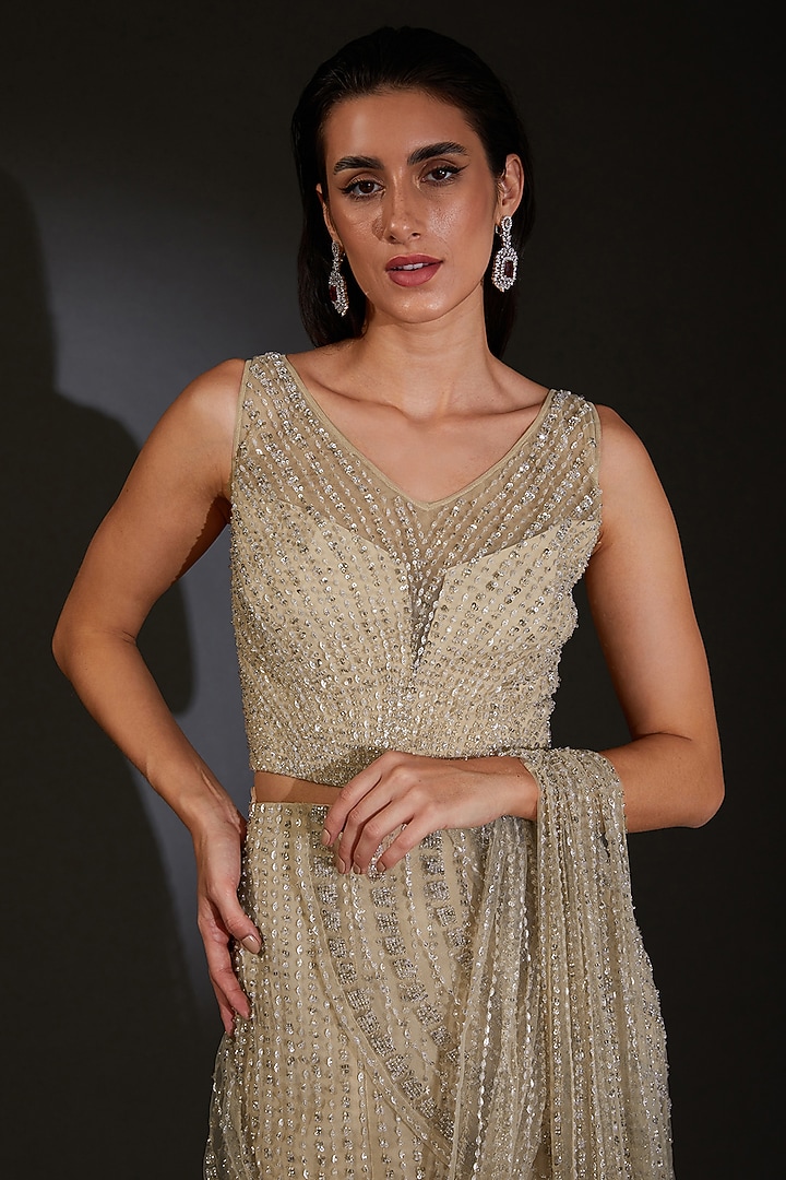 Mist Tulle Embroidered Pre-Stitched Bridal Saree Set by Rohit Gandhi & Rahul Khanna at Pernia's Pop Up Shop