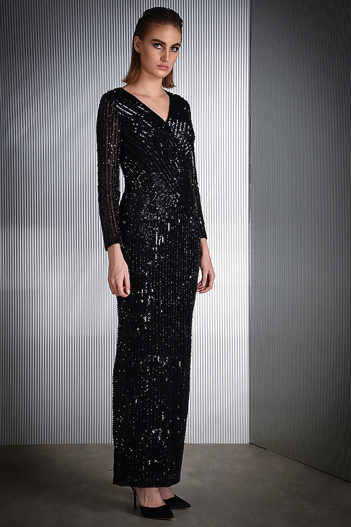 Black Sequins Embroidered Gown by Rohit Gandhi & Rahul Khanna