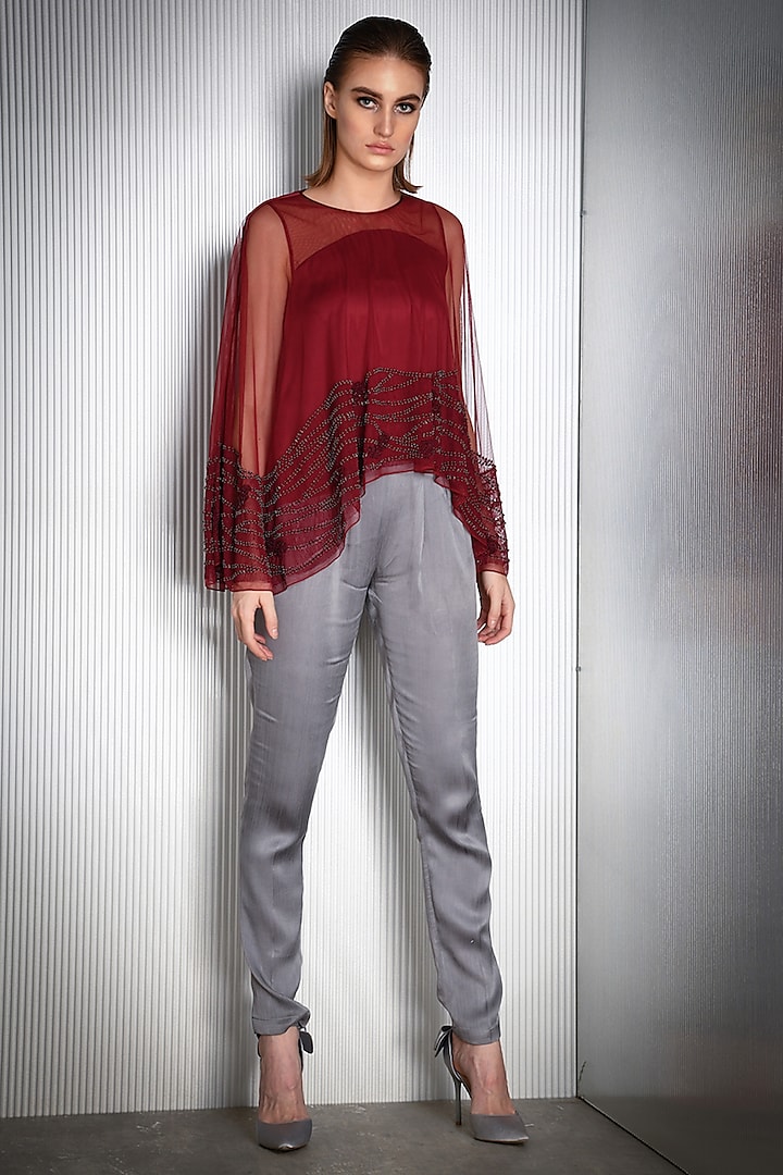 Maroon Thread Embroidered Top by Rohit Gandhi & Rahul Khanna