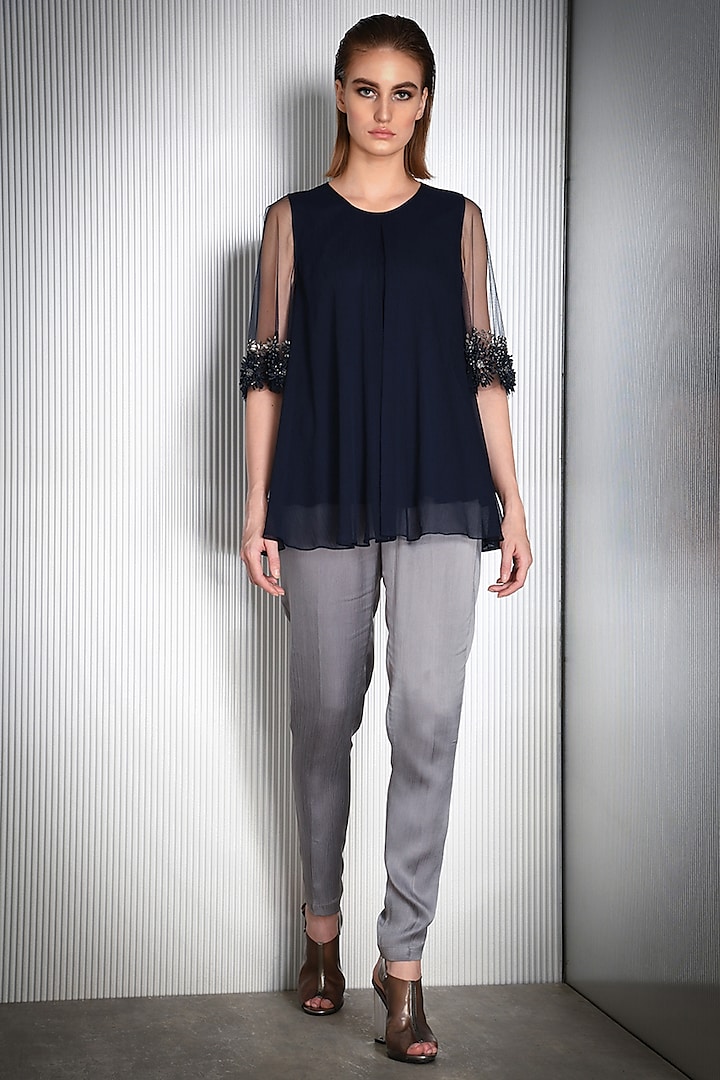 Navy Blue Sequins Embroidered Top by Rohit Gandhi & Rahul Khanna