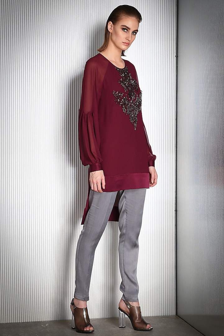 Burgundy Beads Embroidered Top by Rohit Gandhi & Rahul Khanna at Pernia's Pop Up Shop