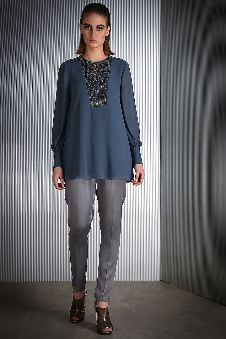 Cloudy Blue Embroidered Top by Rohit Gandhi & Rahul Khanna